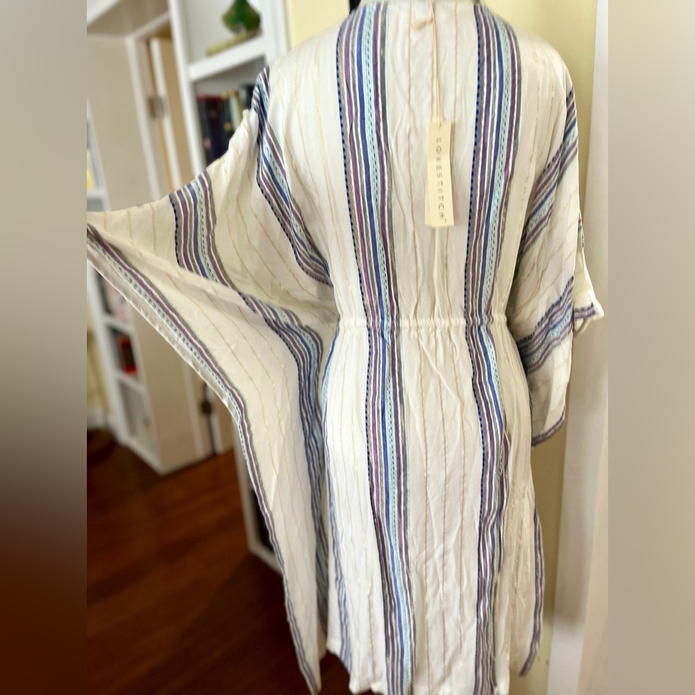 LoveStitch NWT Coverup Dress Poncho Tunic Drawstring Waist Tassles Stripe Print - Picture 8 of 8